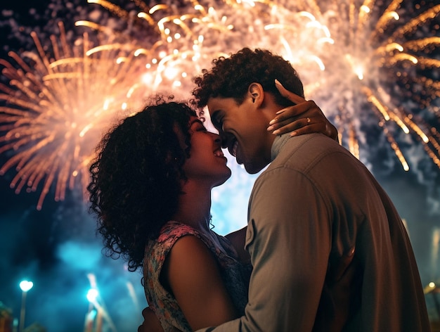 A couple embraces in front of fireworks