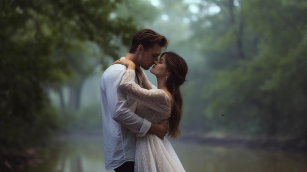 A couple embraces in front of a lake