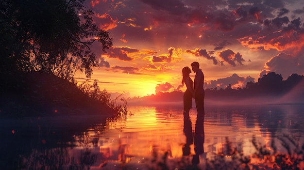 a couple embraces in front of a sunset with the sun behind them