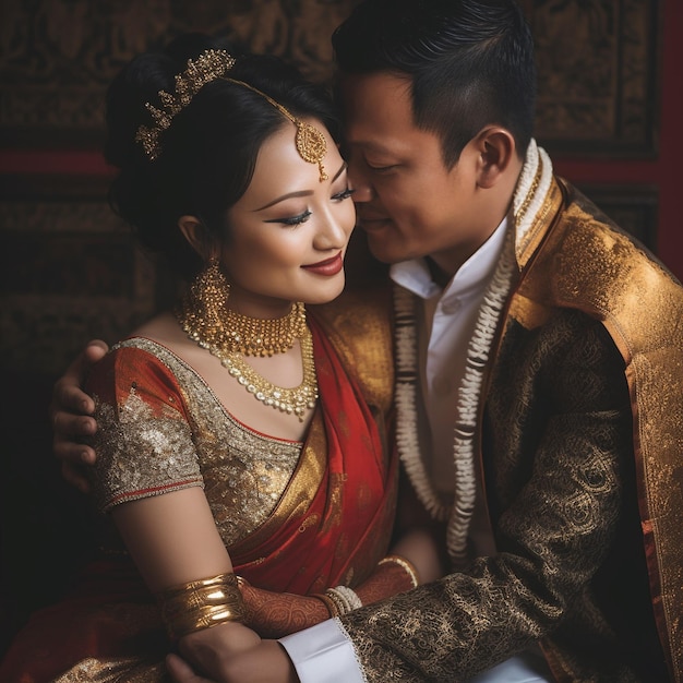 A couple embraces in front of a wall of gold and red.