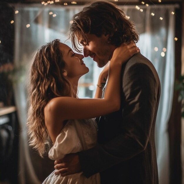 A couple embraces in front of a window with lights behind them.