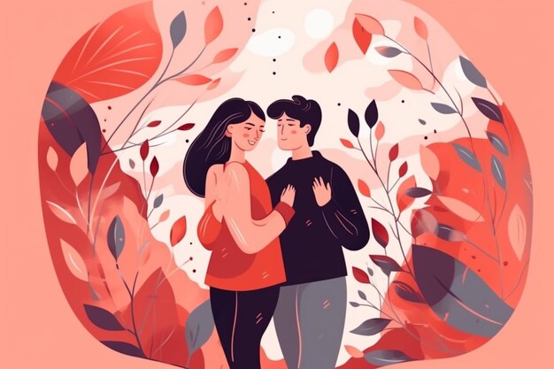 Photo a couple embraces in a garden with leaves and flowers.