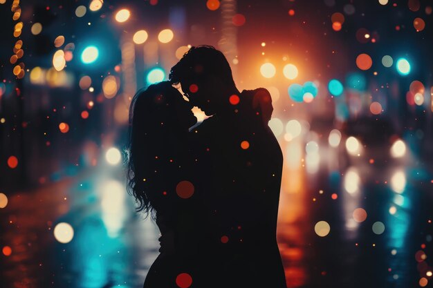 夜中に雨が降る中、情熱的なキスを交わすカップル きらめく街の明かりの下で踊るカップル AI生成