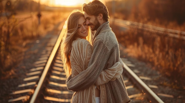 A couple embraces on a railroad track