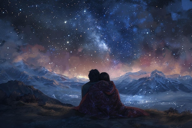 a couple embraces under a starry sky with the stars in the background