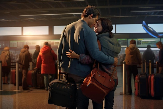 a couple embraces in a terminal with a man wearing a backpack.