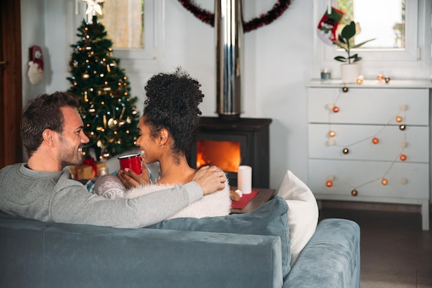 Couple embracing on Christmas day