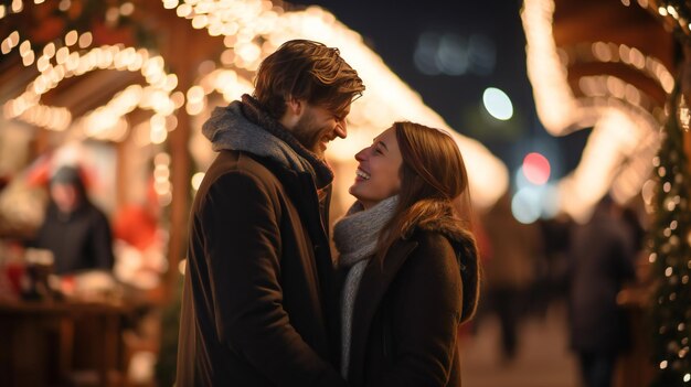 Couple embracing at christmas market christmas market magic young love under the twinkling lights