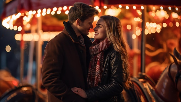 Couple Embracing at Christmas Market Christmas Market Magic Young Love Under the Twinkling Lights