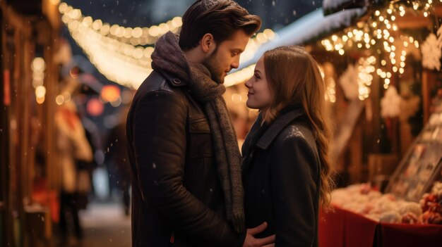 Couple Embracing at Christmas Market Christmas Market Magic Young Love Under the Twinkling Lights