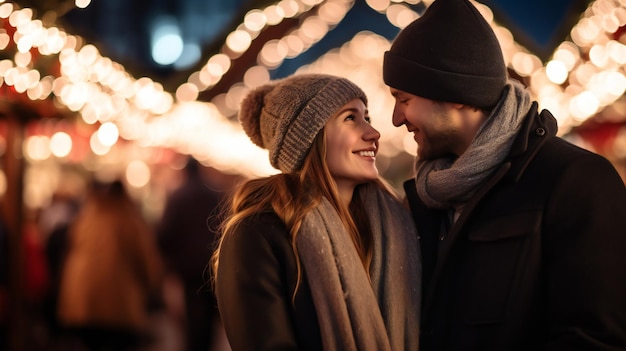 Couple Embracing at Christmas Market Christmas Market Magic Young Love Under the Twinkling Lights