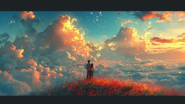 A couple embracing each other in love on the hill illustrated in a digital art style