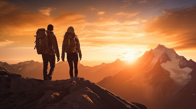 Couple embracing freedom gazing at mountain sunset