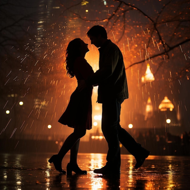 couple embracing in front of a dazzling fireworks show