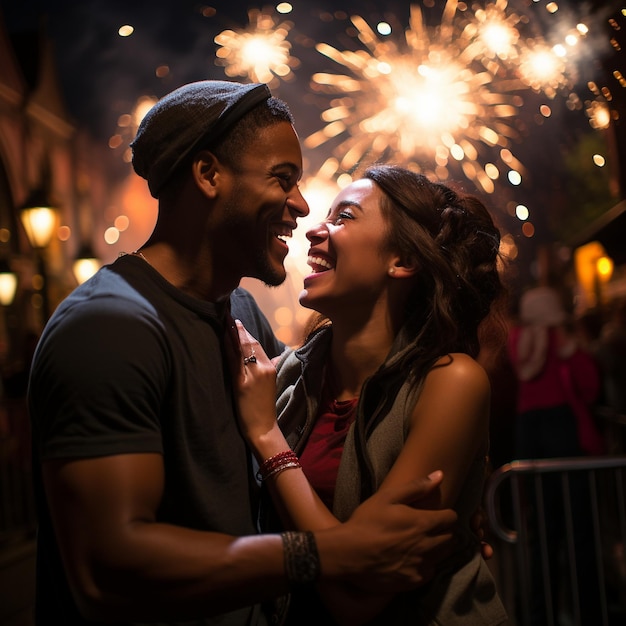 couple embracing in front of a dazzling fireworks show