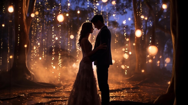 A couple embracing under the moonlit sky surrounded by the soft glow of fairy lights the world aro