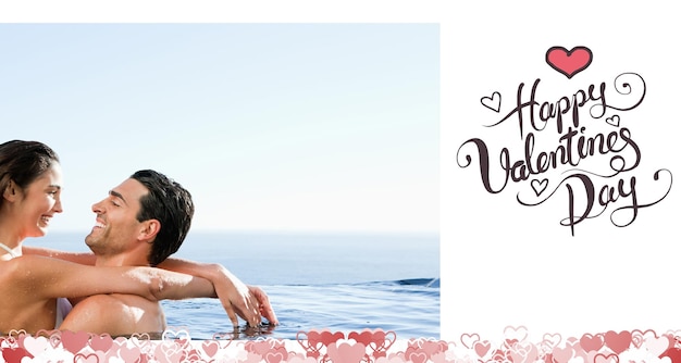 Photo couple embracing in the pool against happy valentines day