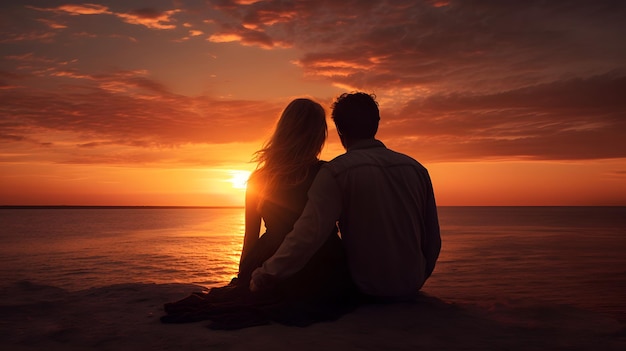 Photo couple embracing and watching the sunset on the beach