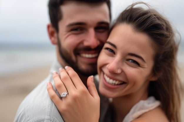 Photo couple engagement and portrait of happy woman on beach with ring for marriage proposal