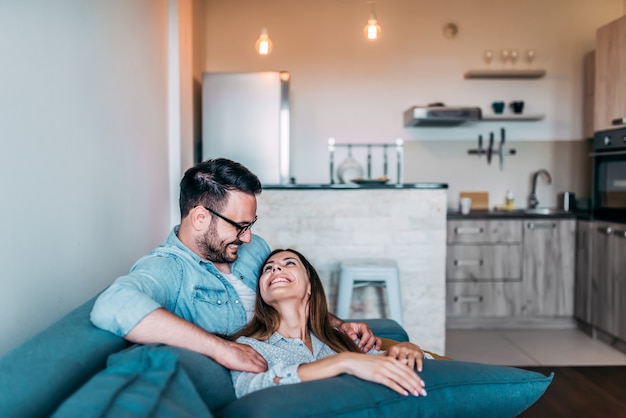 Couple enjoy spending time at home.