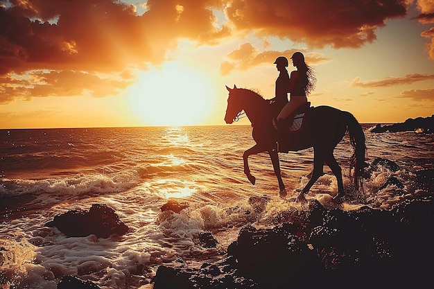 Фото Пара наслаждается прогулкой на лошадях вдоль берега при закате солнца