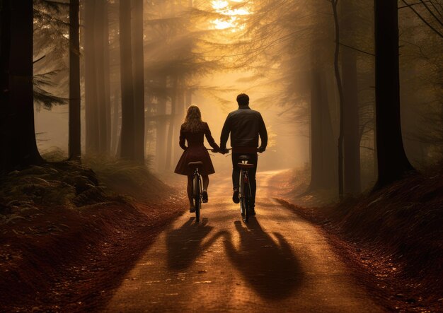 A couple enjoying a bike ride on a forest road