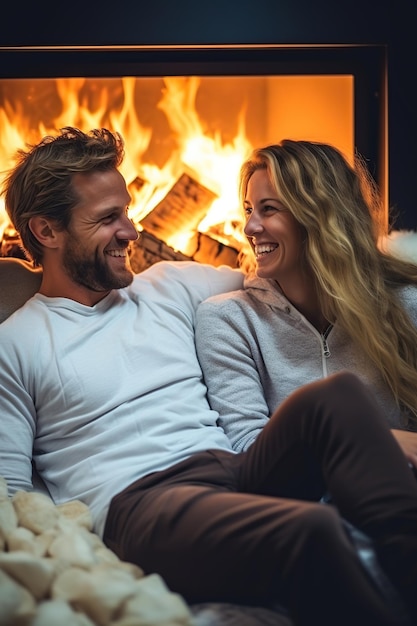 Couple enjoying a cozy fireplace at home AI Generated