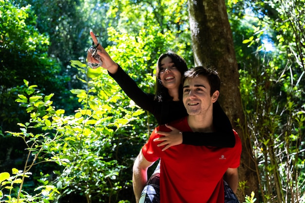 couple enjoying a day in the nature of the forest