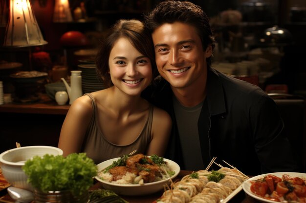 アジア の 美味しい 料理 を 楽しん で いる 夫婦