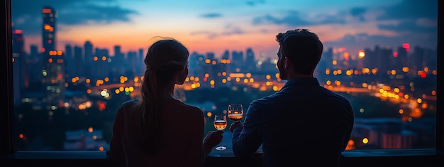 couple enjoying drinks while overlooking a vibrant city skyline at dusk with twinkling lights and a colorful sunset