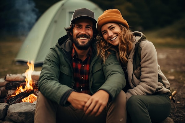 A Couple Enjoying Nature Sitting by Campfire Tent Smiling Having Fun AI