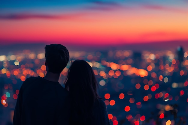 夕暮れ の 夜 の 都市 景色 を 眺め て いる 夫婦