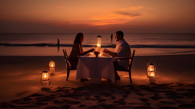해변 에서 불 을 켜서 만적 인 저녁 식사를 즐기는 부부