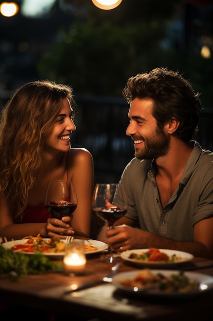 Couple enjoying romantic dinner at restaurant terrace