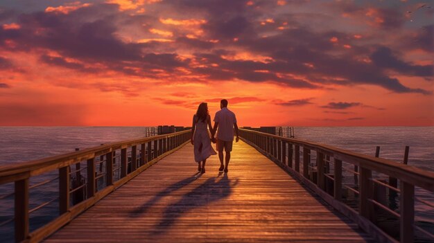 A couple enjoying a romantic walk on a boardwalk