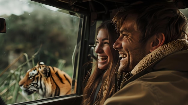 Пара, наслаждающаяся приключениями на сафари, улыбающаяся тигру поблизости, захватывающая встреча с дикой природой, откровенный момент, случайный образ жизни на открытом воздухе.