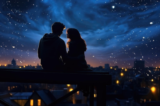 Photo a couple enjoying a serene moment together as they sit on a bench and look up at the stars in the night sky a starry night with a couple sitting close together on a rooftop ai generated