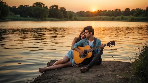 Couple enjoying sunset by the lake