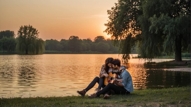 Couple enjoying sunset by the lake