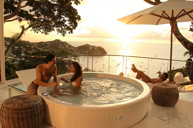 Couple enjoying a sunset in a jacuzzi