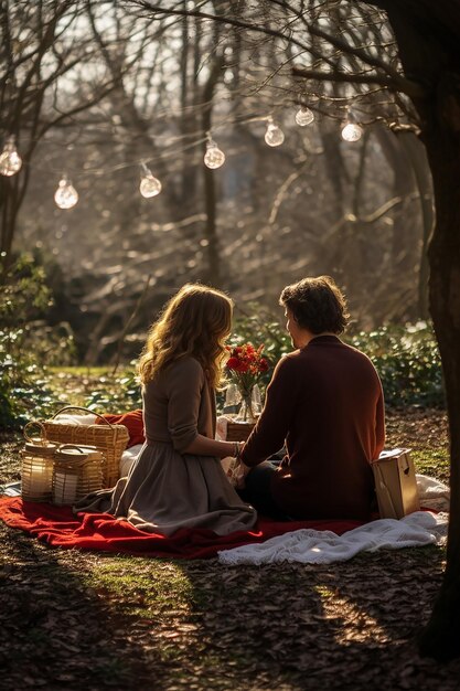 Foto una coppia che si diverte a fare un picnic di san valentino in un parco appartato