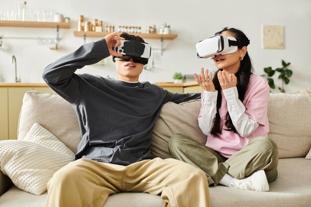 Couple enjoying virtual reality together during a cozy evening at home