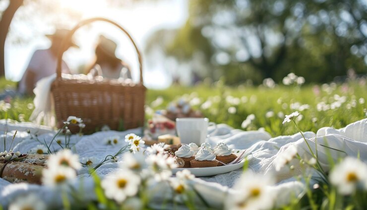 Photo couple enjoying a white day picnic in a park