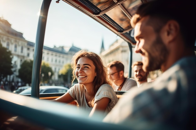 Foto la coppia si diverte con un tour in autobus nella città estiva