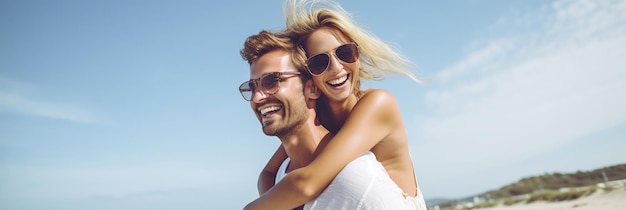 Couple enjoys a piggyback ride at the beach in summer