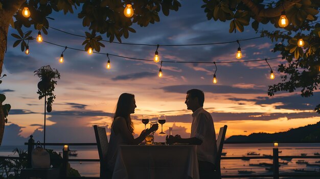 a couple enjoys a romantic dinner overlooking the ocean at sunset