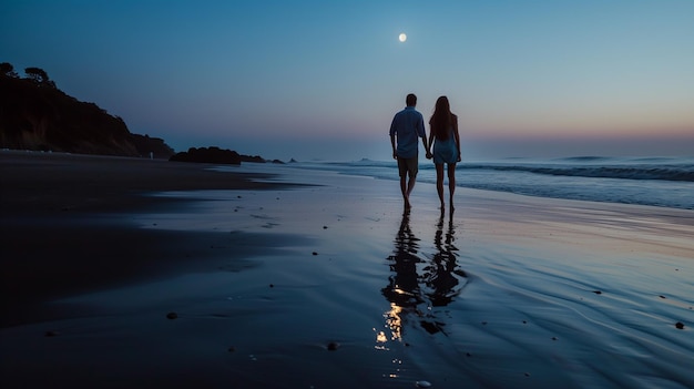 A couple enjoys a romantic evening stroll along a moonlit beach