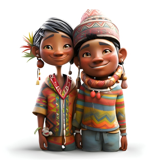Couple of ethnic kids on white background 3D illustration