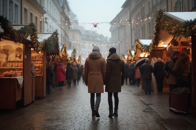 Пара на рождественской ярмарке в Европе Люди гуляют по улице зимних праздников, украшенной огнями Создать ai