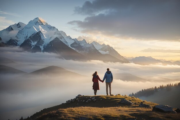 Couple in evening light with mountain and mist on background